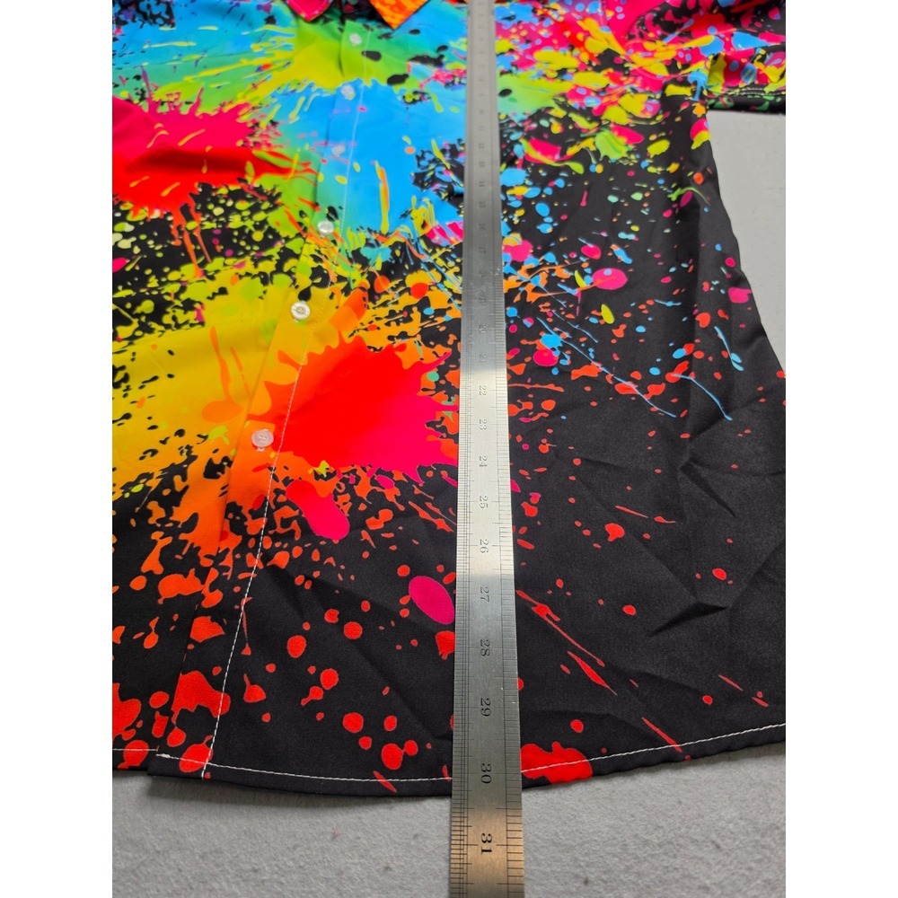 Men's Hawaiian Shirt XL Multicolor Paint Splatter Stretch Short Sleeve Button-Up - Picture 6 of 7